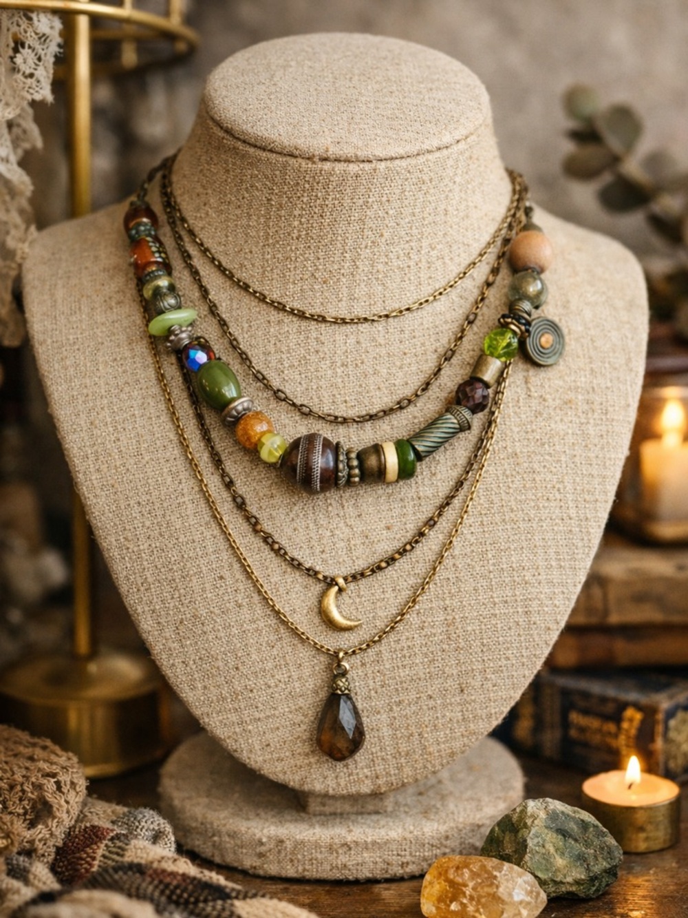Chico’s Boho Mixed Bead Statement Necklace Earth Tone Anthro Style